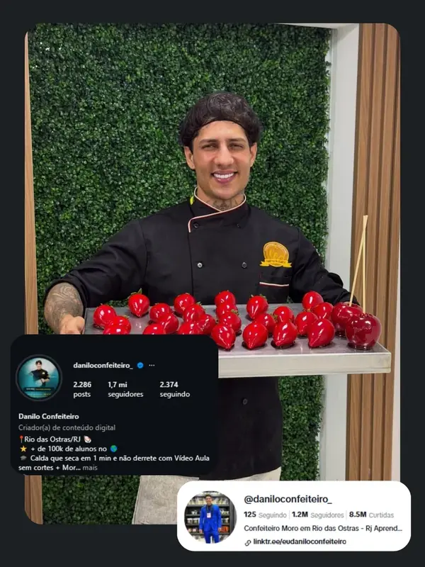Chef Danilo Confeiteiro segurando bandeja de morangos do amor, com os perfis do Instagram e TikTok